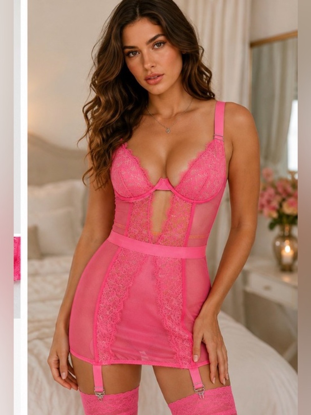 Victoria's Secret Hot Pink Lace Chemise with Garter Straps 34C